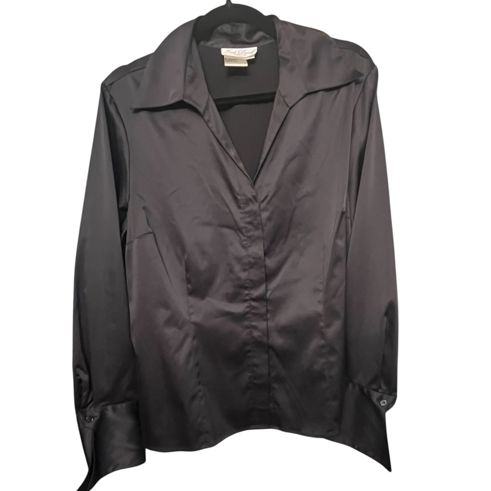 Fred David size XL black stretch silk button down blouse French cuffs